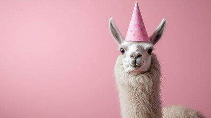 Obraz premium A white llama in a pink party hat with colorful polka dots on a pink background.