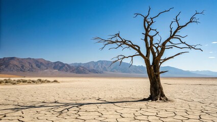 Sunbaked Desert Terrain Highlighting Dry Tree and Blurred Distant Highlands