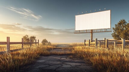 Obraz premium Empty billboard on a rural pathway at sunrise.