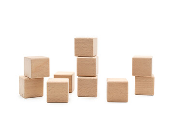 Blank wood cubes or wooden blocks Isolated on white background. Front Perspective View. Business, Creative or Idea Template.