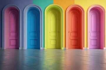 multiple bright open doors, rainbow hues, symbolic of future paths and freedom