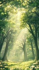 Sunlit forest path with yellow flowers tranquil nature scene green woodland illustration