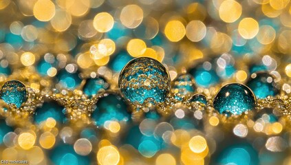 Teal and gold orbs, bokeh effect.  Close-up view of translucent teal glass spheres, nestled amidst a bed of golden glitter, with a blurred background of out-of-focus golden lights