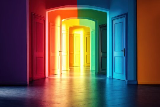 multiple bright open doors, rainbow hues, symbolic of future paths and freedom