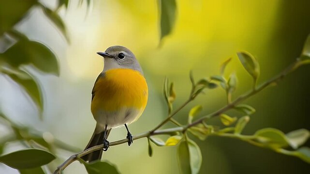 Vibrant Yellow Breasted Bird Perched on Branch with Lush Green Foliage Background for Wildlife Stock Photo