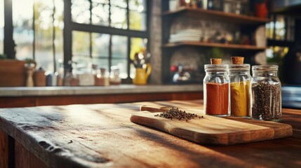 Spices in jars on wooden board in sunlit kitchen