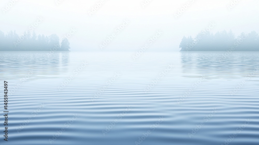 Poster a serene lake with a hazy sky and trees on either side.