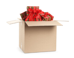Parcel with gift boxes on white background