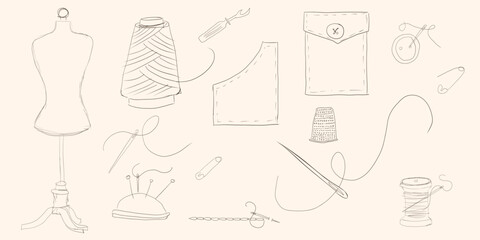 Tailor tools and accessories line icons set. Hand drawn retro equipment of seamstress to sew dress. Sewing, needlework, mascot, icons of designer and tailor workshop collection.