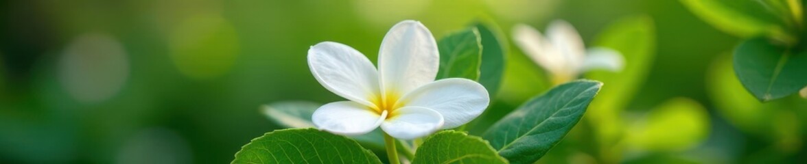 Fototapeta premium Close-up of Arabian jasmine flowers, showcasing delicate petals and vibrant green leaves , plant, detail, delicate