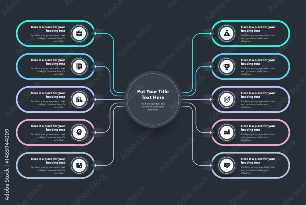Aufkleber Flowchart infographic with central circle and ten options - dark version. Flat chart design with thin lines for website or data presentation.