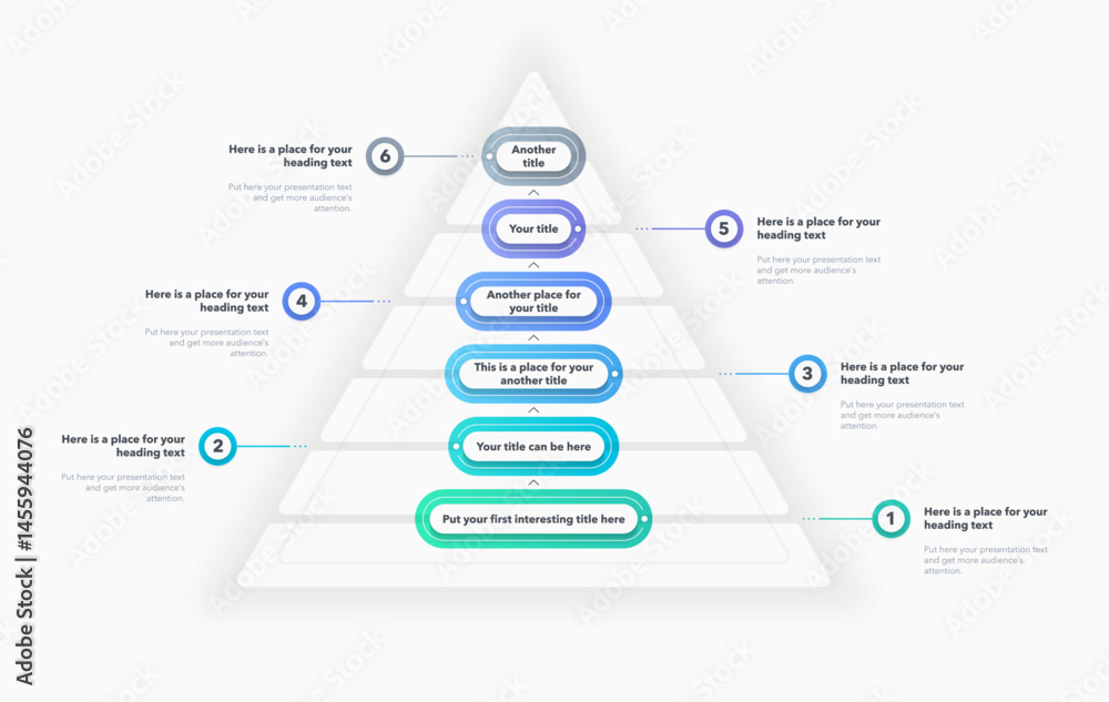Poster triangle pyramid chart template with six colorful steps. infographic diagram divided into three opti