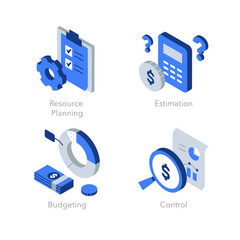 Simple set of isometric flat icons for cost management. Contains such symbols as Resource Planning, Estimation, Budgeting and Control.