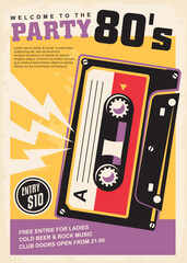 Party poster with audio tape graphic. Music and dance event invitation card template. Retro vector illustration.