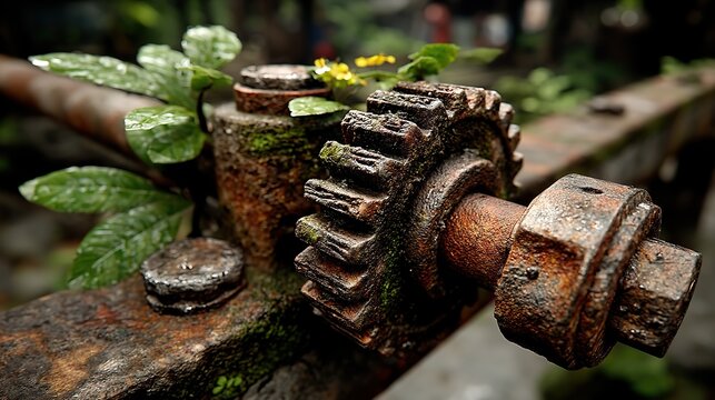 Rusty gears and pipes intertwined in the ruins of an abandoned factory, overgrown with vines.