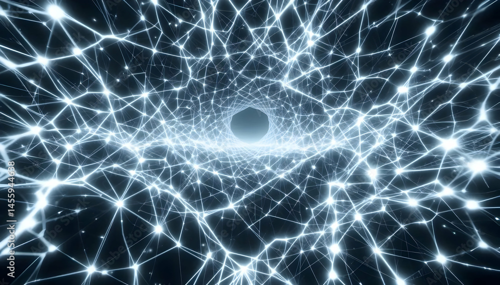 Poster abstract digital tunnel glowing network of lines and nodes in dark space, futuristic technology back