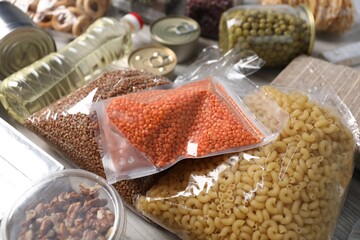 Many different food products on table, closeup