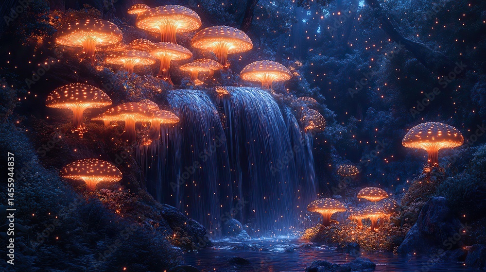 Canvas Prints sapphire cascade plunges into a chasm of echoing silence, where luminescent fungi pulse with rhythmi