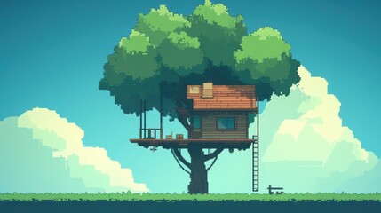Pixelated sanctuary treetop cabin nestled amidst foliage digital art dreamy escape tranquility children storybook fantasy illustration