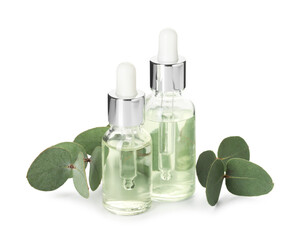 Bottles of essential oil and eucalyptus leaves isolated on white
