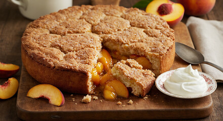 Peach cobbler with whipped cream and scattered peach slices