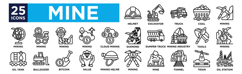 mine icon collection set. Containing design ,Helmet ,Excavator ,Truck ,Coal ,Mining © Dhavid