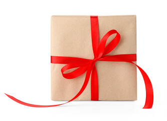 Gift wrapped in kraft paper with bow isolated on white