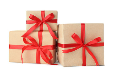 Many gift boxes wrapped in kraft paper isolated on white