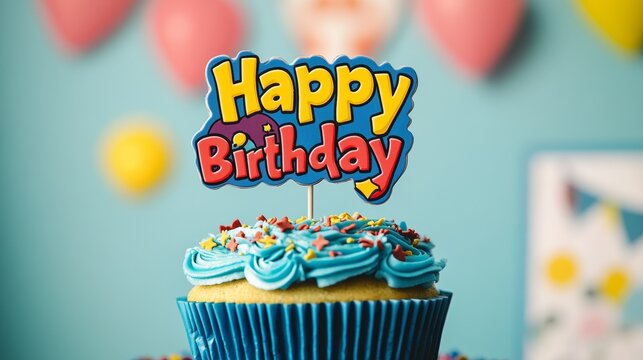 A birthday cupcake decorated for a superhero celebration! It has a "Happy Birthday" cake topper.
