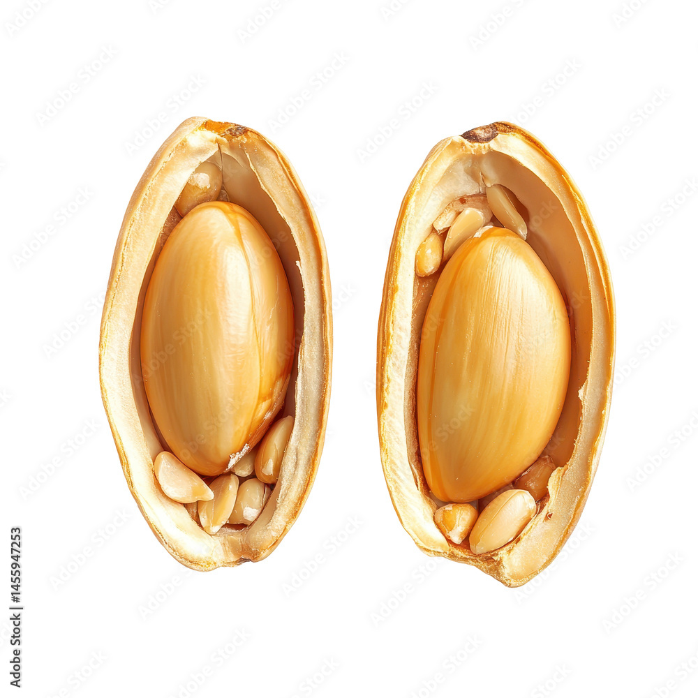 Poster unique perspective on open nut shell with visible seed and kernels on a plain background