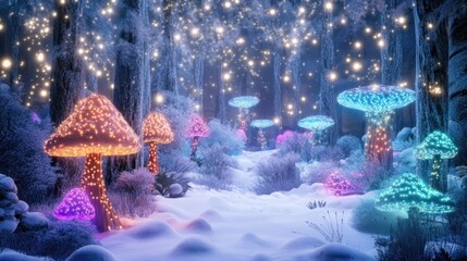Fototapeta premium A Glowing Mushroom Snowscape