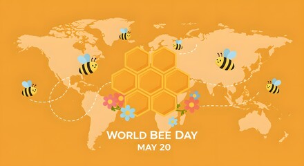 World Bee Day Illustration with Bees and honey on Yellow Background