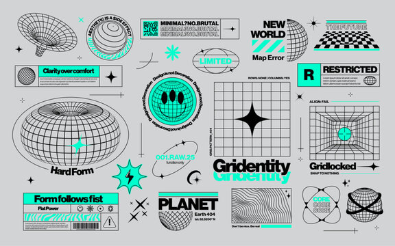 Brutalist graphic assets set in acid style, retro futuristic background with wireframe elements of different forms, bold modern shapes for design template, poster, stickers, banner in Y2k style