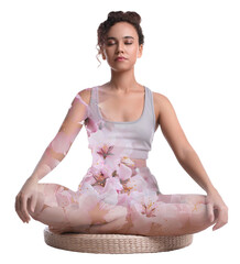Young woman meditating during yoga practice on white background, double exposure with flowers