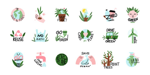Save planet. Earth environmental care. Icon or sticker collection. Green energy, stop pollution, reuse and recycled. Eco friendly, ecology elements. Vector cartoon flat isolated illustration set