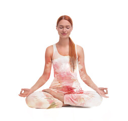 Young woman meditating during yoga practice on white background, double exposure with flowers