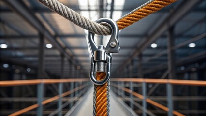 A close-up of a metal carabiner attached to a rope in a warehouse setting, showcasing industrial design and safety equipment.
