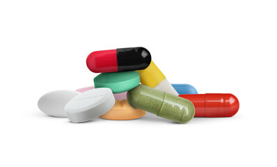 Many different antibiotic pills on white background