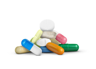 Many different antibiotic pills on white background