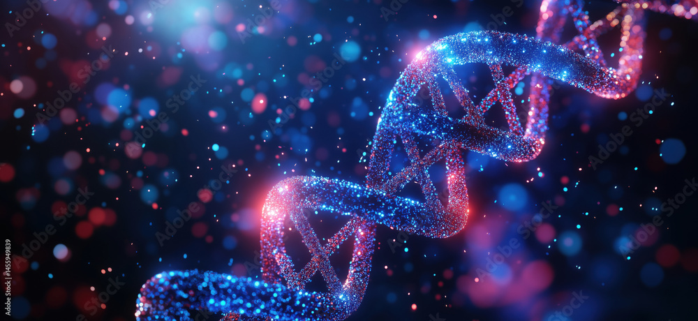 Aufkleber colorful abstract representation of dna helix with sparkling particles and lights.