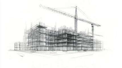 Modern building construction sketch with crane