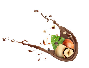 Chocolate splash with hazelnuts on white background