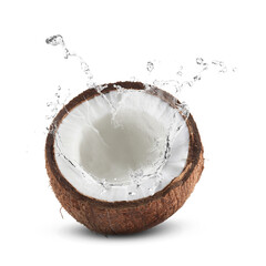Coconut water splashing out of nut on white background