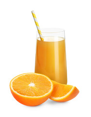 Tasty orange juice in glass and fresh cut fruit on white background
