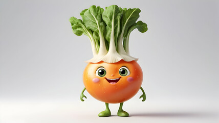 Whimsical High-Quality Anthropomorphic Vegetable Character with Big Eyes, Cheerful Smile, Chubby Body, Cute Accessories, and Soft Textures on a Clean White Background