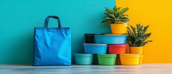 Tote bag stands beside stacked plastic containers and potted plants, presenting bright, minimalist, and contemporary aesthetic.