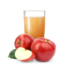 Tasty apple juice in glass and fresh fruits on white background