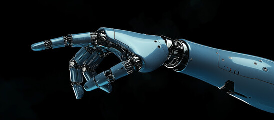 Robot hand pointing his finger. Isolated cyborg arm on black background. Generative ai