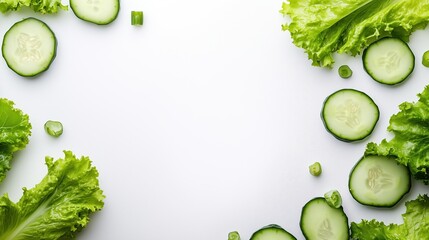 Minimalistic design with lettuce and cucumber slices on white background, flat lay, top view, place for text or logo, white space for adding additional content.