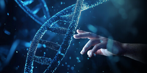 Man hand touching DNA digital hologram on dark blue background. Generative ai DNA